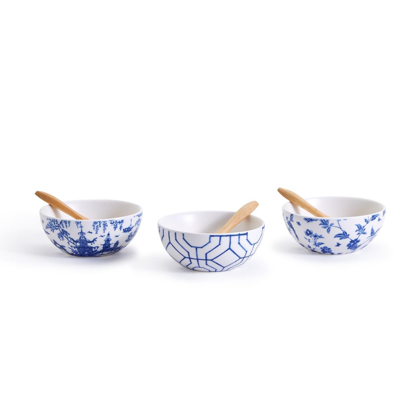Two's Company Set of 3 Chinoiserie Tidbit & Tapas Bowls with Spoons w/ 3 Designs.