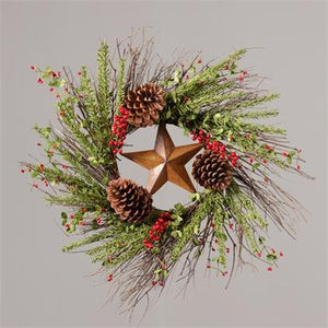 Your Heart's Delight Wreath- Red Berries, Greens, Pine Cones, And Rusty Star, Red