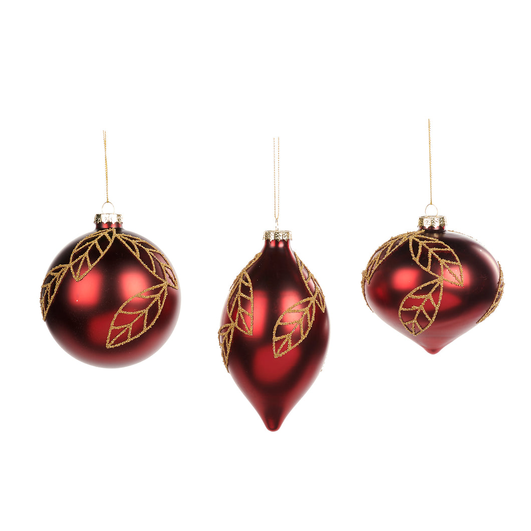 Glass Beaded Leaf Ball/Finial Ornament Red/Gold 10Cm, Set Of 3, Assortment