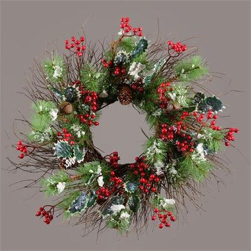 Wreath with Pinecones, Red Berries, Twigs, Rusty Bells & Snow, Red
