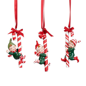 Christmas Elf On Candy Cane Ornament Red/Green/White 10.5Cm, Set/3, Assortment