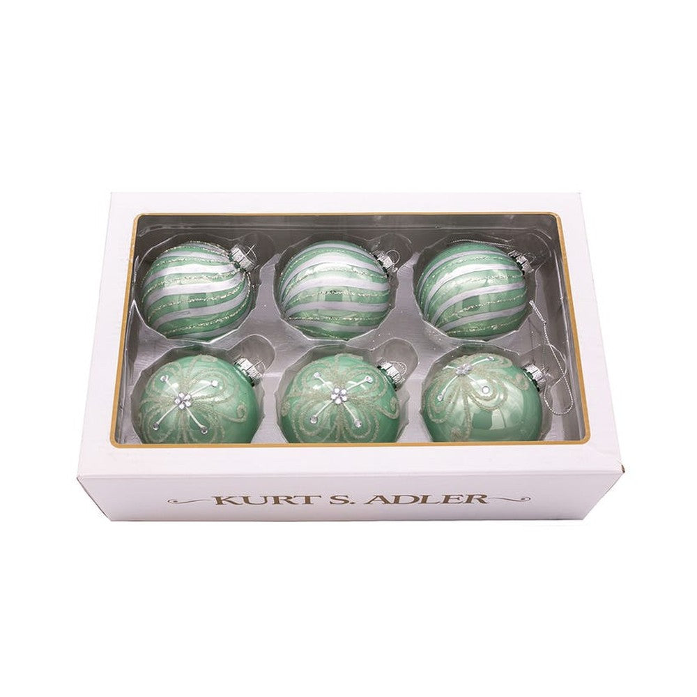 Kurt Adler 80MM Silver/Pale Aqua Embellished Glass Ball Ornaments, 6-Piece