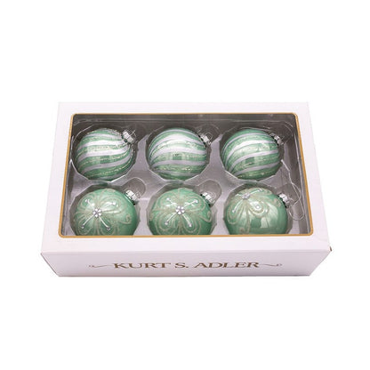 Kurt Adler 80MM Silver/Pale Aqua Embellished Glass Ball Ornaments, 6-Piece