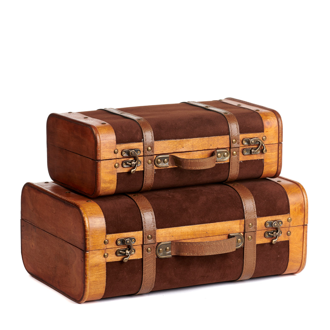 Goodwill Wood/Velvet Suitcase Box /Brown 45/38Cm, Set Of 2
