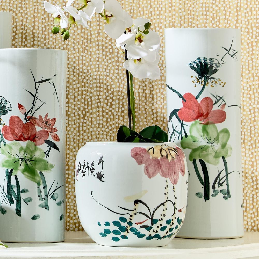 Two's Company Japanese Flower Blossoms Planter- Hand-Painted Porcelain