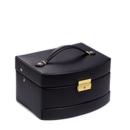 Black Leather 3 Level Hinged Jewelry Box With Mirror