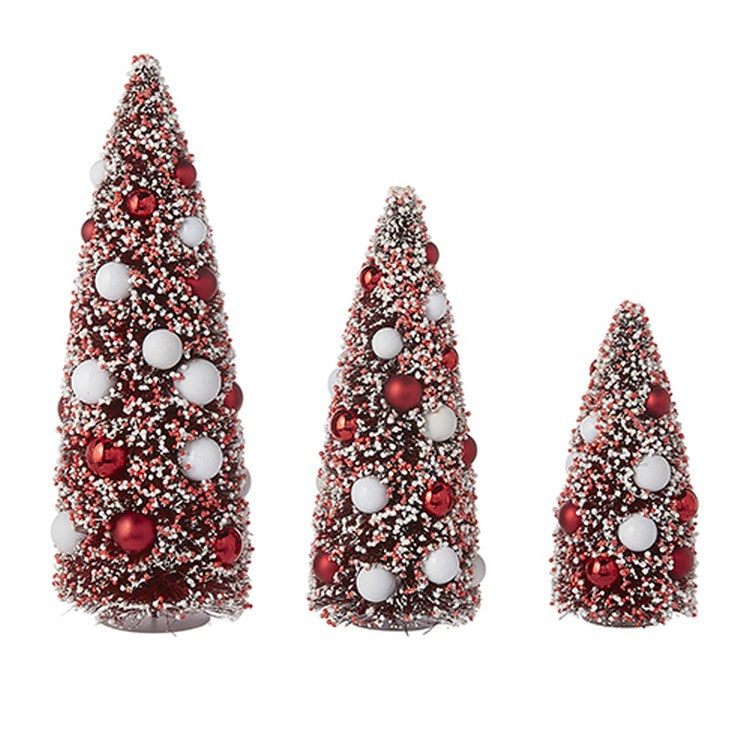 Raz Imports 2022 Merrymint 15" Red & White Bottle Brush Tree w/ Ornaments, 3 Set