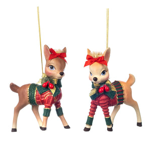 Woodland Christmas Bambi With Sweater Ornament Green 12Cm, Set Of 2, Assortment