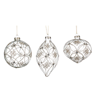 Glass Glittered Net/Snowflake Ball/Finial Ornament Clear 10Cm, Set/3, Assortment