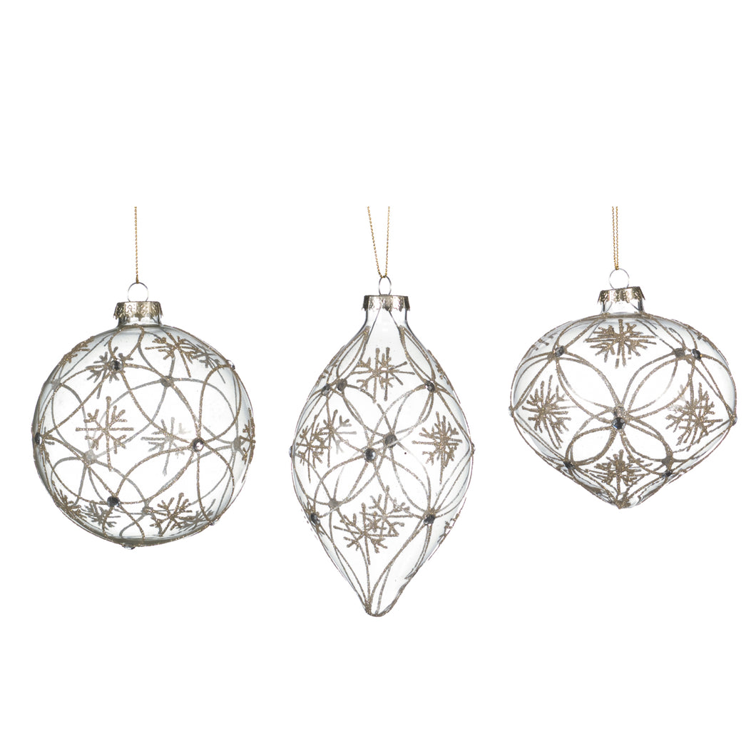 Glass Glittered Net/Snowflake Ball/Finial Ornament Clear 10Cm, Set/3, Assortment