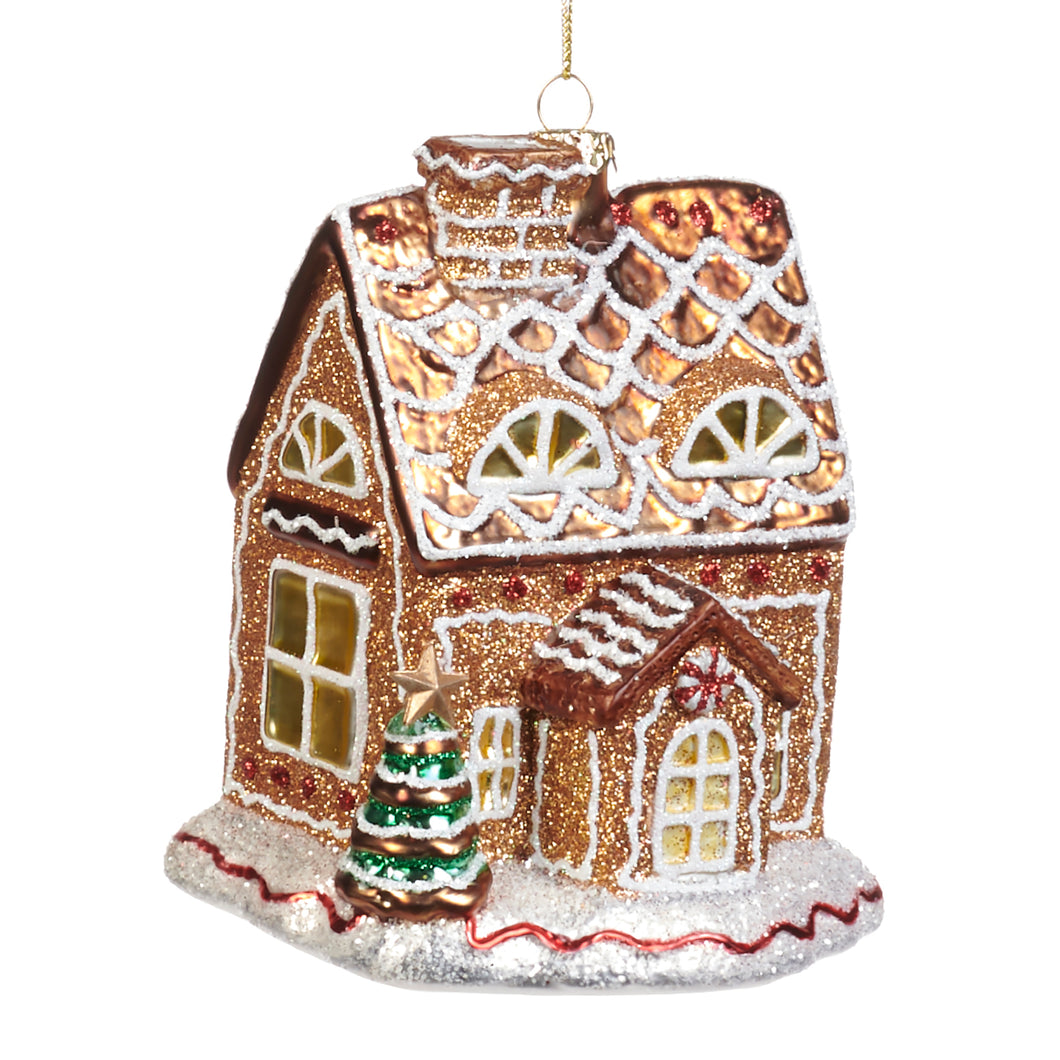 Goodwill Glass Gingerbread House Ornament Brown/White 13Cm
