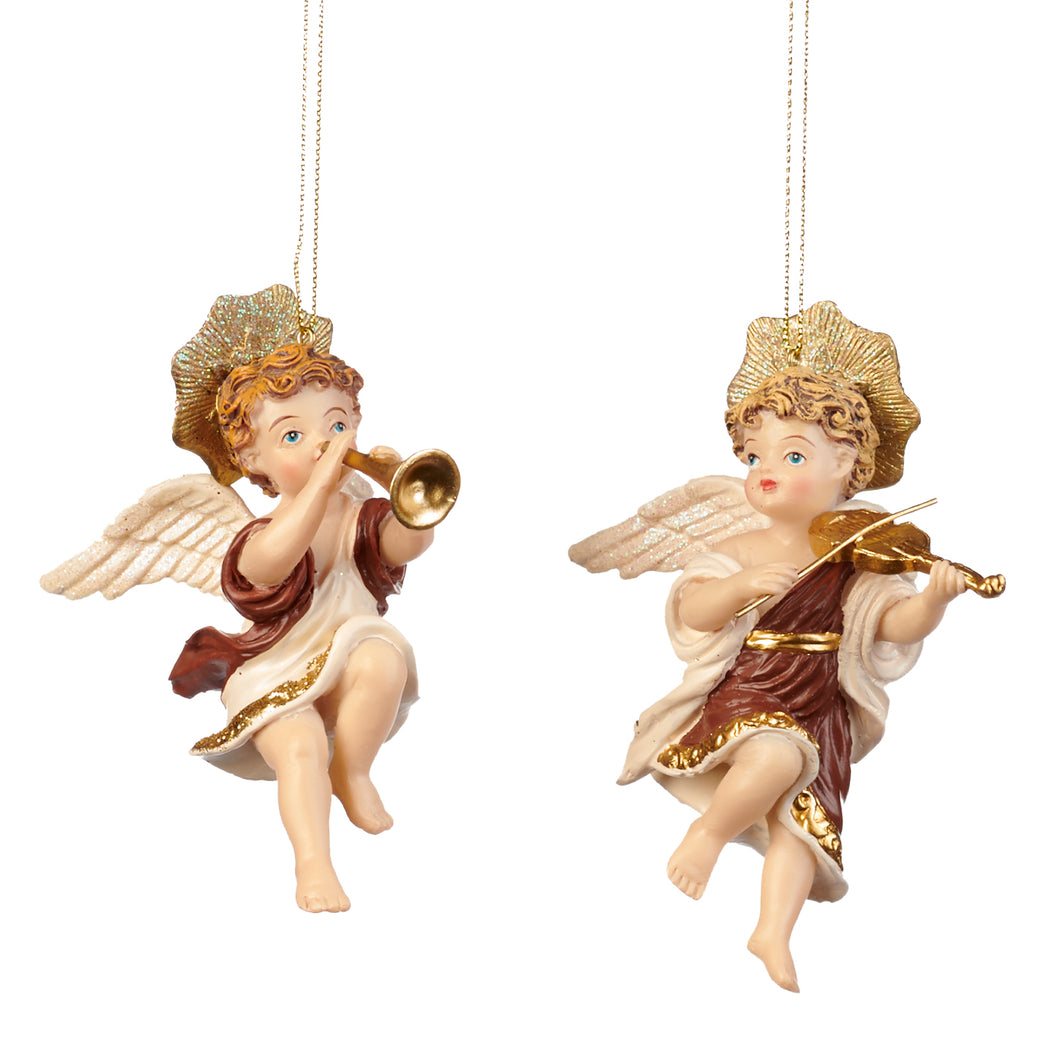 Angel With Trumpet/Violin Ornament Cream/Brown 11Cm, Set Of 2, Assortment