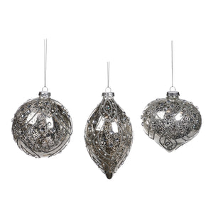 Glass Antique Jewel Ball/Finial Ornament Silver 10Cm, Set Of 3, Assortment