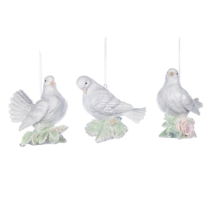 Ice Glittered Dove With Roses Ornament White 11.5Cm, Set Of 3, Assortment