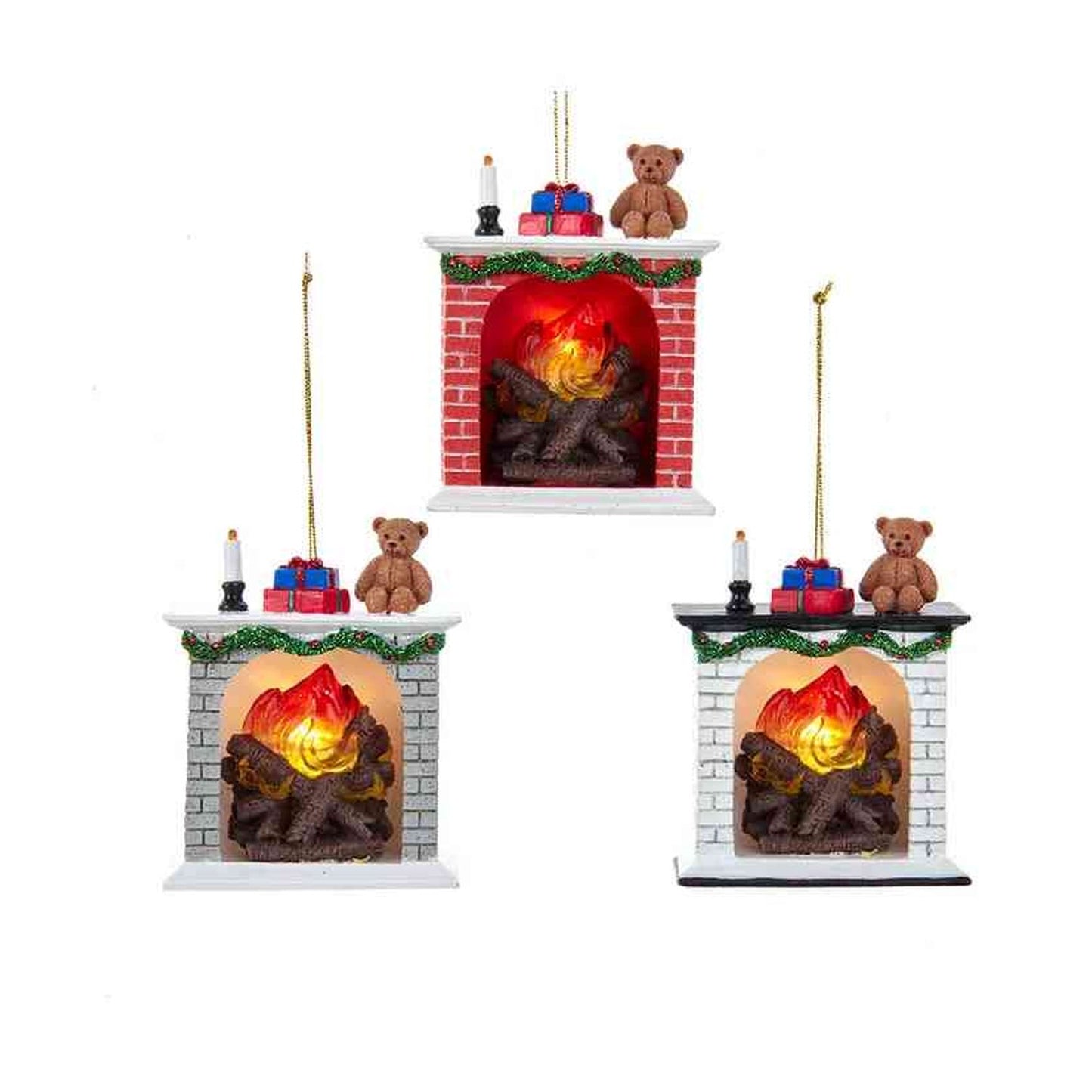 3.63" Battery Operated Fireplace With Light Ornaments, Set Of 3, Assortment