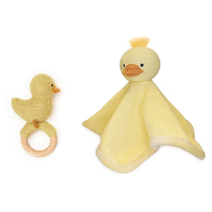 Two's Company Feeling Duckie Knitted Snuggle and Rattle Set In Gift Box