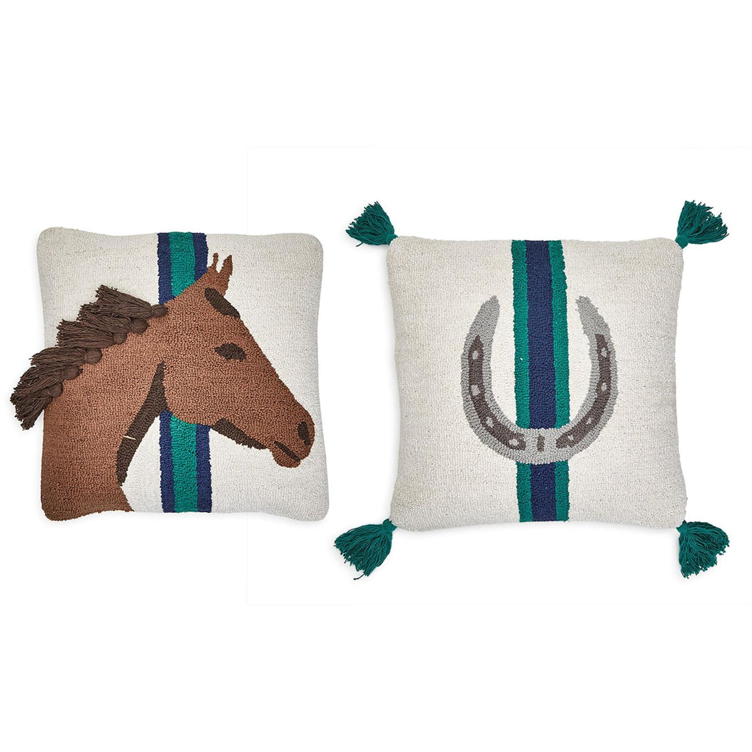 Country Horse Set Punch Embroidery & Tassel Accent Throw Pillows w/ 2 Designs