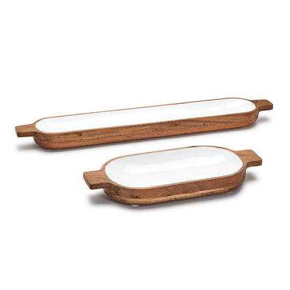 Two's Set Of 2 Hand-Crafted Oblong Tray / Platter with Handles & White Enamel