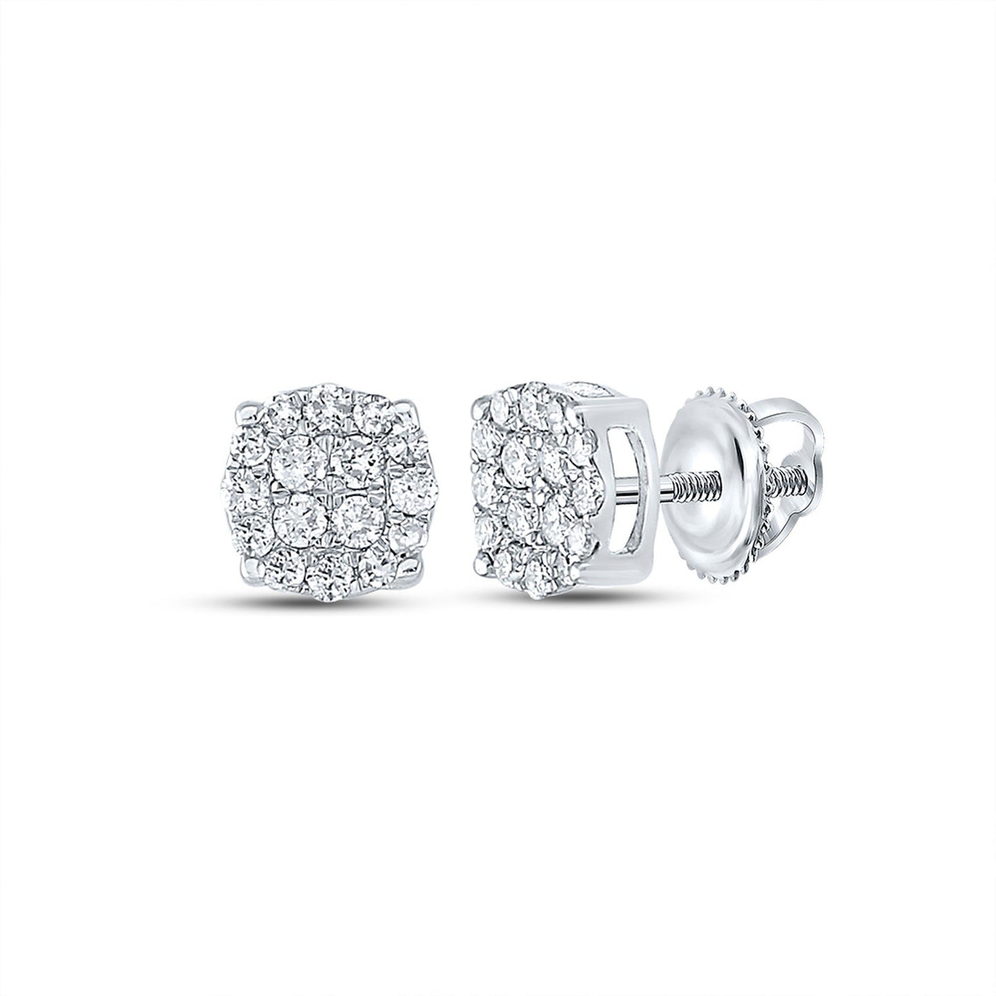 GND 10kt White Gold Mens Round Diamond Cluster Earrings 1/4 Cttw
