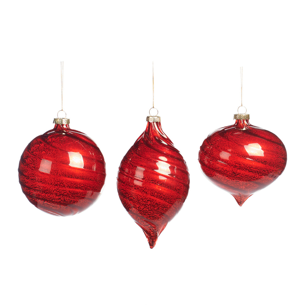 Glass Swirl Antique Ball/Finial Ornament Red/Burgundy 10Cm, Set Of 3, Assortment