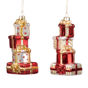 Goodwill Glass Gift Box Stack Ornament Red/White/Gold 5Cm, Set Of 2, Assortment