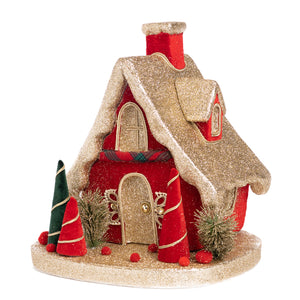 Goodwill Fabric Glittered Christmas House Scene Two-tone Red/Gold 34Cm