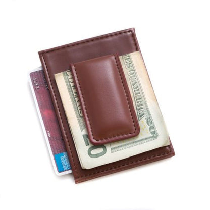 Brown Leather Magnetic Money Clip & Wallet With Id Window