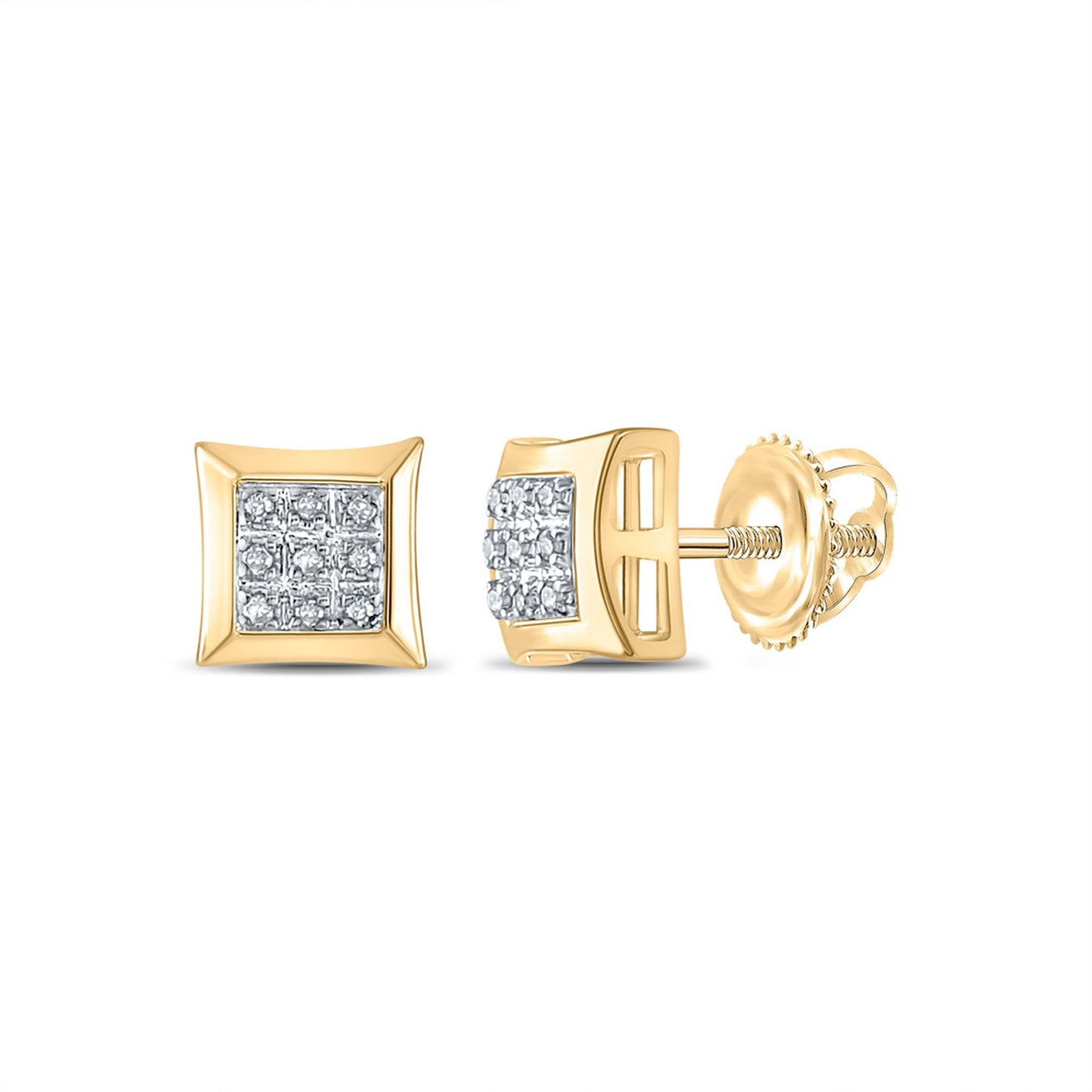 GND 10kt Yellow Gold Mens Round Diamond Square Cluster Earrings 1/20 Cttw
