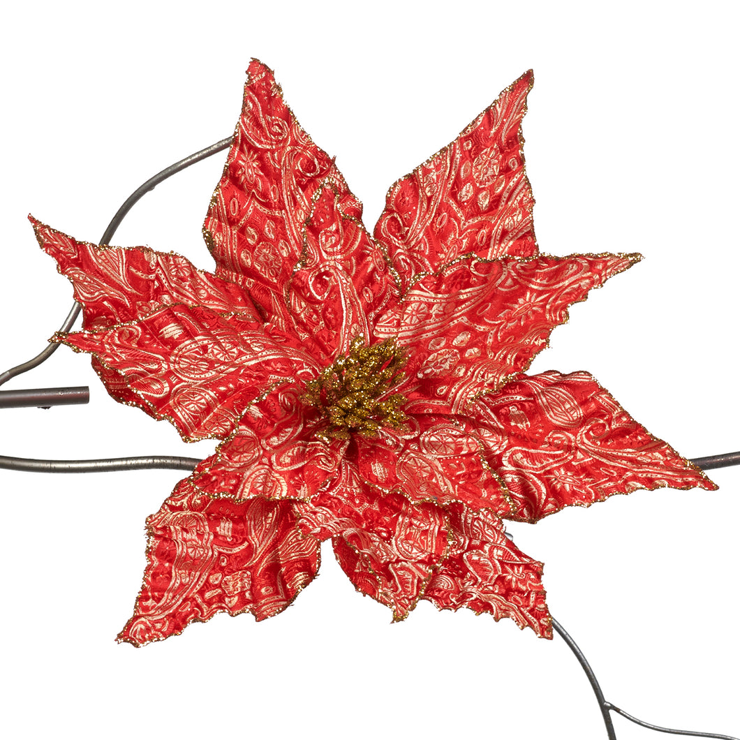 Goodwill Brocade Glittered Poinsettia On Clip Red/Gold 31Cm