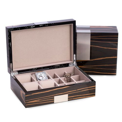 Lacquered "Ebony" Burl Wood Valet Box For Watches & Cufflink