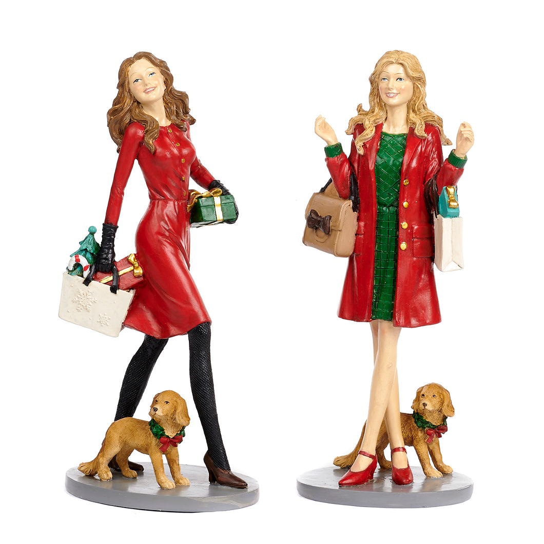 Christmas Lady With Shopping Bags Two-tone Red/Green 25Cm, Set Of 2, Assortment