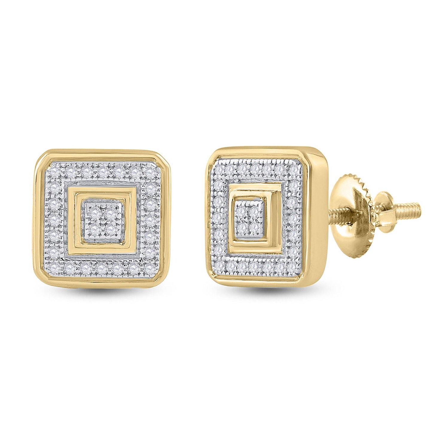 GND 10kt Yellow Gold Mens Round Diamond Square Cluster Earrings 1/6 Cttw
