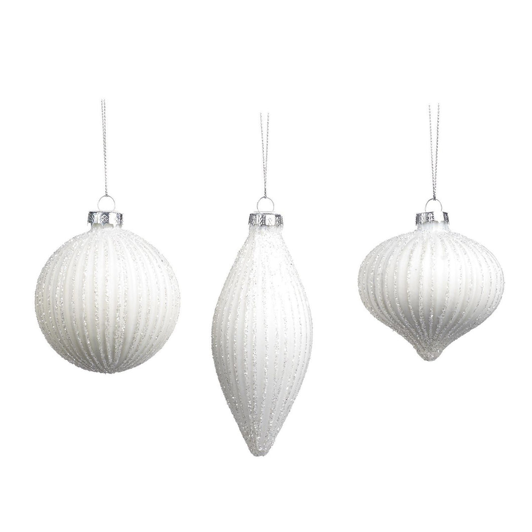 Glass Matte Glittered 3D Ribbed Ball/Finial Ornament White, Set/3, Assortment