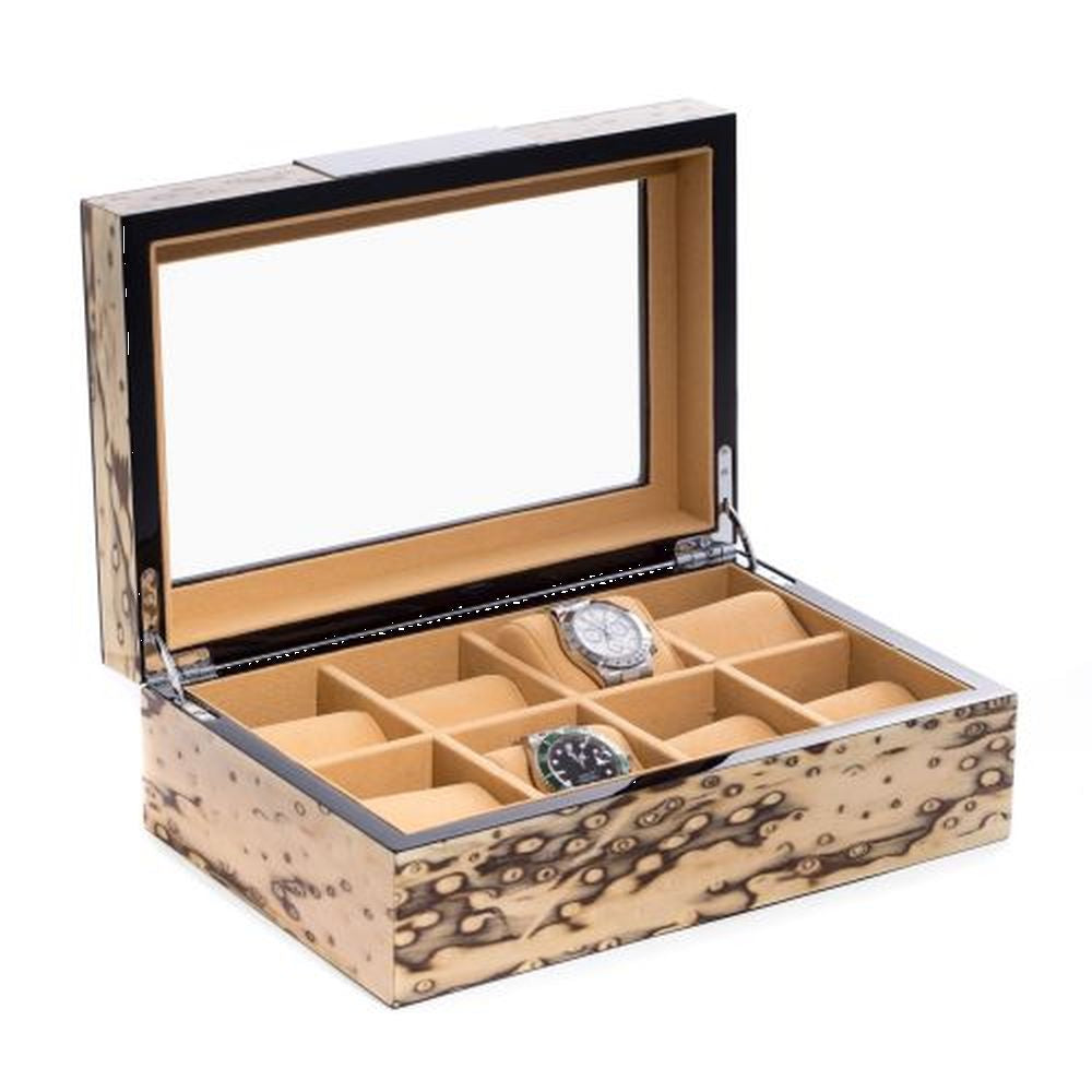Lacquered "Exotic Ice" Burl Wood 8 Watch Case With Glass Top