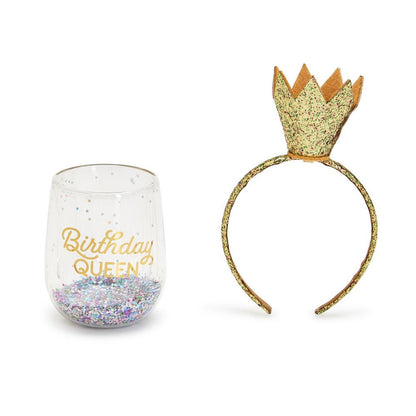 Two's Company Birthday Queen Stemless Wine Glass And Glitter Crown Headband