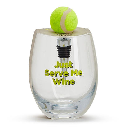 Two's Company Tennis Stemless Wine Glass With Tennis Ball Wine Stopper
