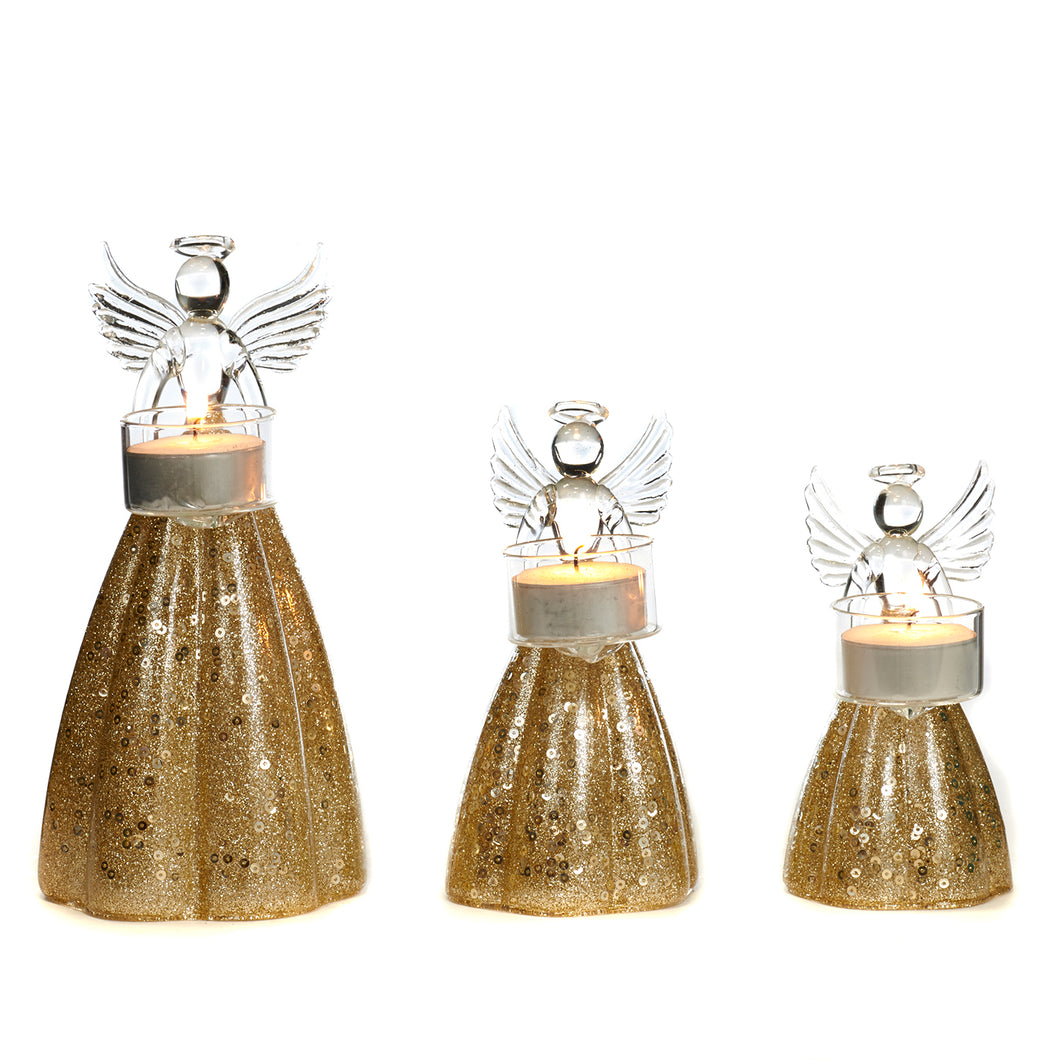 Goodwill Glass Sequin Glittered Angel Votive Holder Two-tone Gold 20Cm, Set Of 3