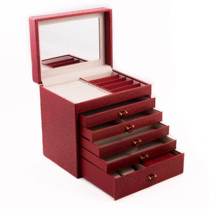 Red Ostrich Leather Jewelry Chest With Removable Travel Case