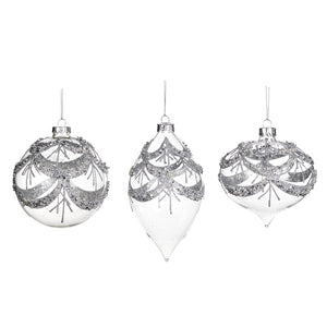 Glass Pearl Swag Ball/Finial Ornament Clear/Silver 10Cm, Set Of 3, Assortment