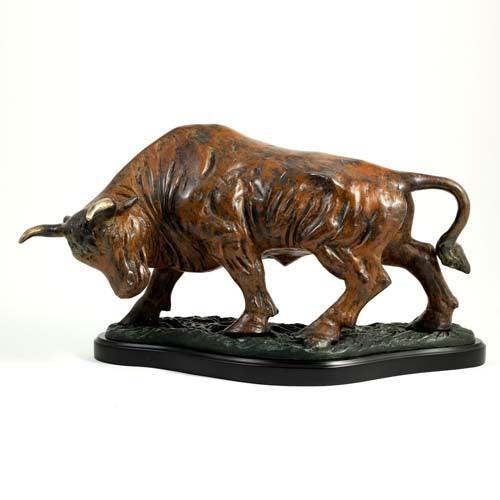 "The Bull " Sculpture With Flamed Patina Finish On Wood Base by Bey Berk
