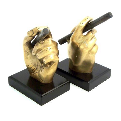 Antique Brass Cigar In Hand Bookends On Black Wood Base by Bey Berk