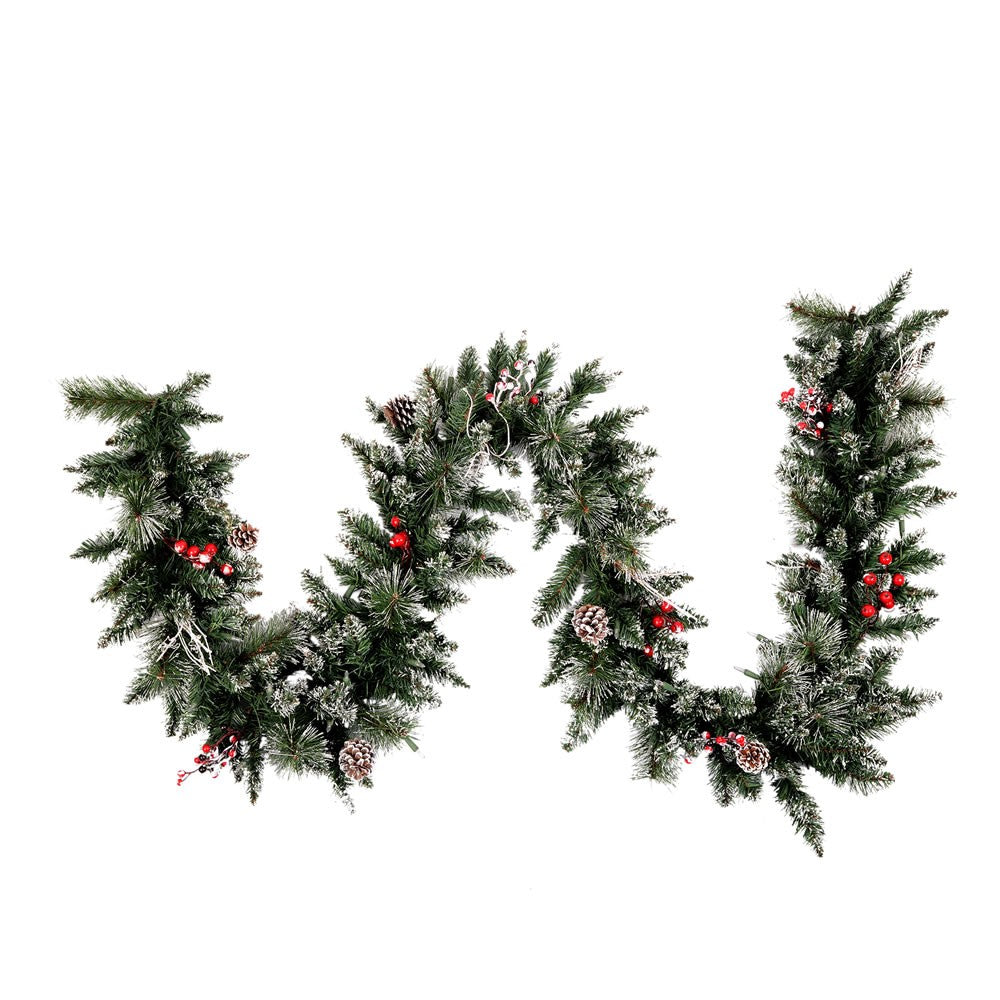 Vickerman 9' Snow Tipped Pine and Berry Artificial Christmas Garland, Unlit, PVC