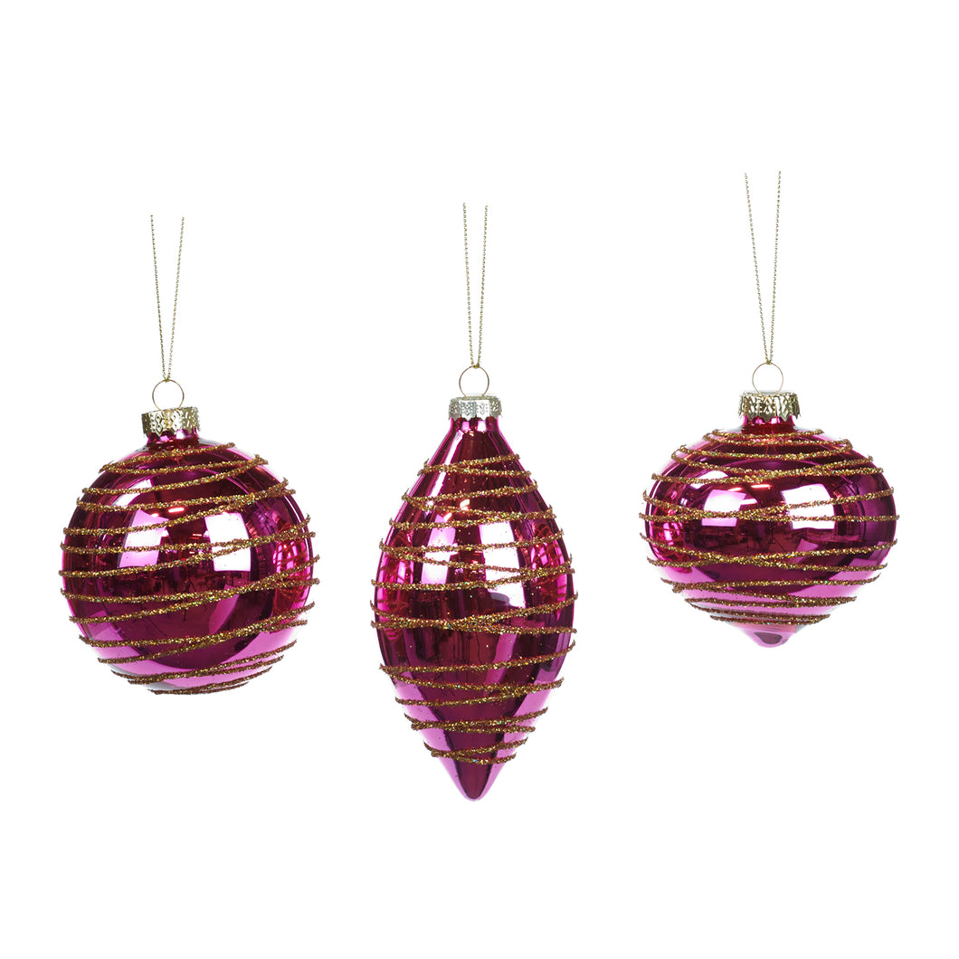 Glass Glittered Horizontal Lines Ball/Finial Ornament Pink, Set/3, Assortment