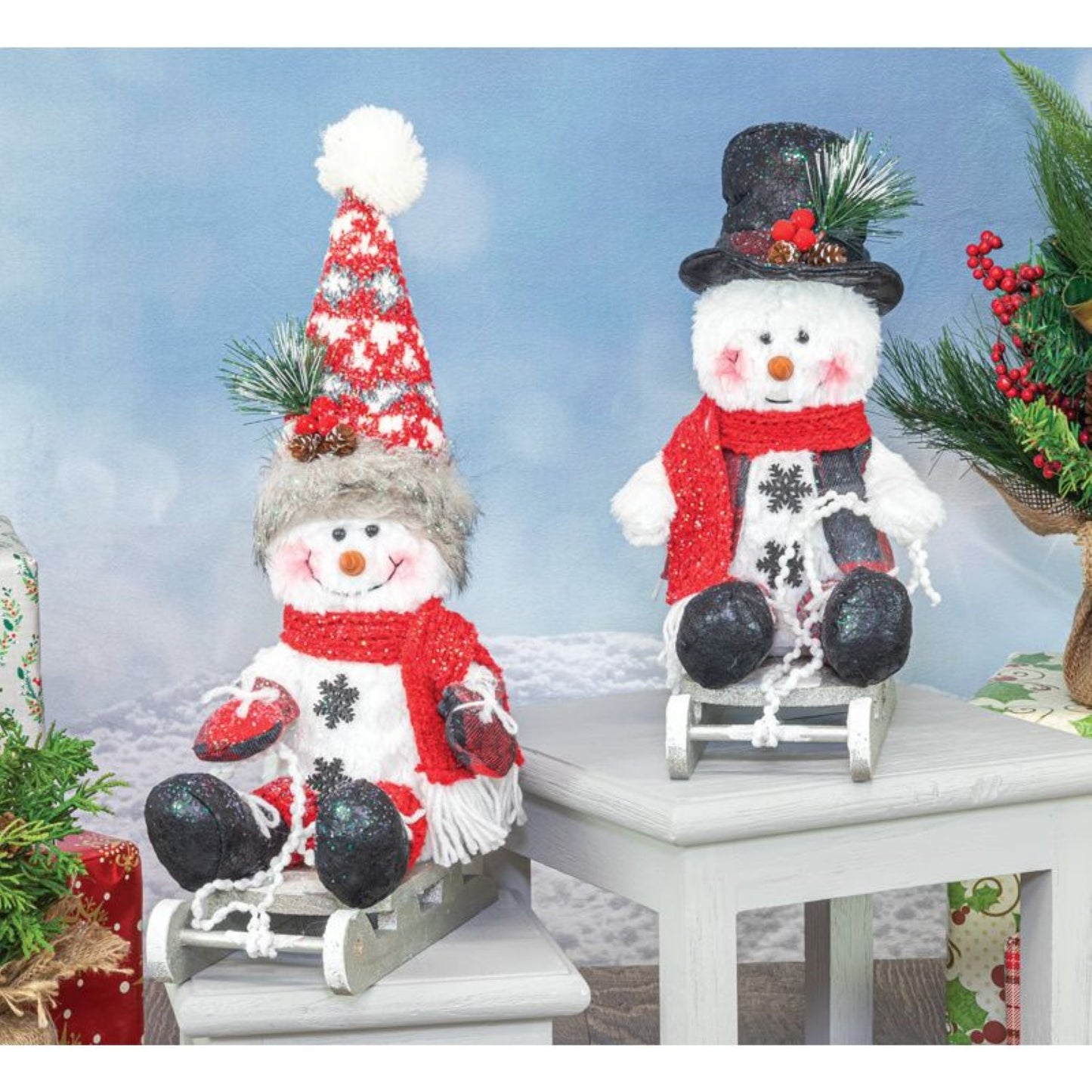 Hanna's Handiworks Holiday Plaid Snowman Sledder Set Of 2 Assortment.