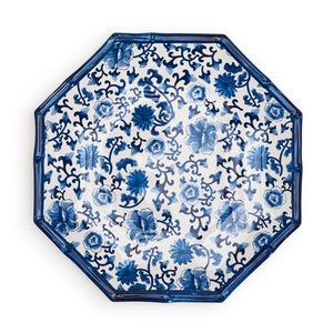 Two's Company Set Of 4 Chinoiserie Touch Octagonal Dinner Plate With Bamboo Rim.