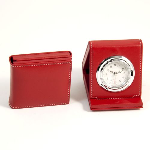 Red Leather Foldable Quartz Alarm Clock With Chrome Accents