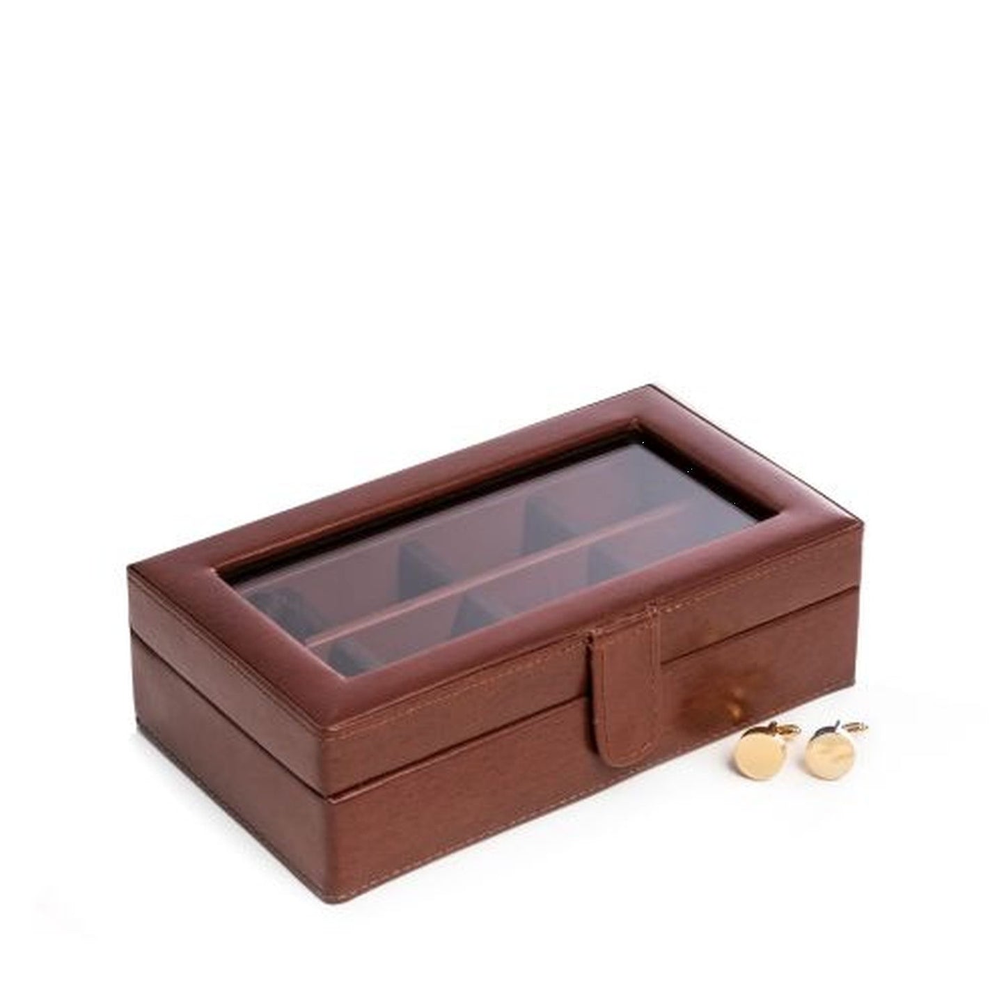 Brown Leather 12 Cufflink Box With Glass Top, Velour Lined