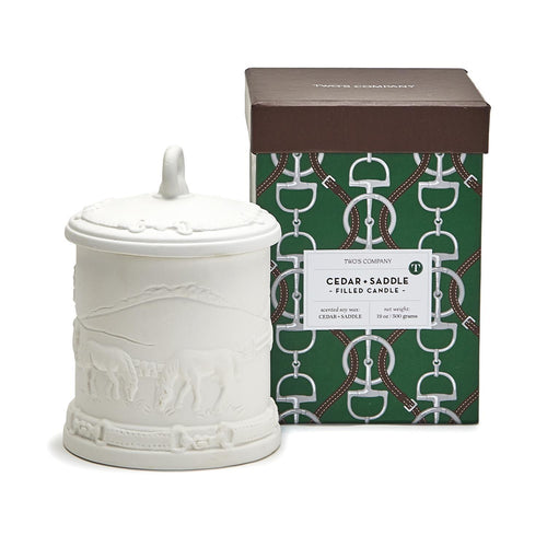 Equus Cedar & Leather Scent Bisque Lidded Candle w/ Relief Pattern.