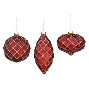 Glass Antique 3D Net Ball/Finial Ornament Red/Gold 10Cm, Set Of 3, Assortment