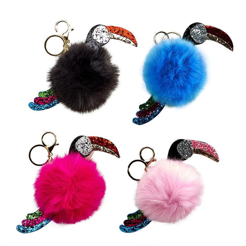 Birds Of Paradise Soft Faux Fur Glitter Toucan Keychain Bag Enhancer Asst of 4